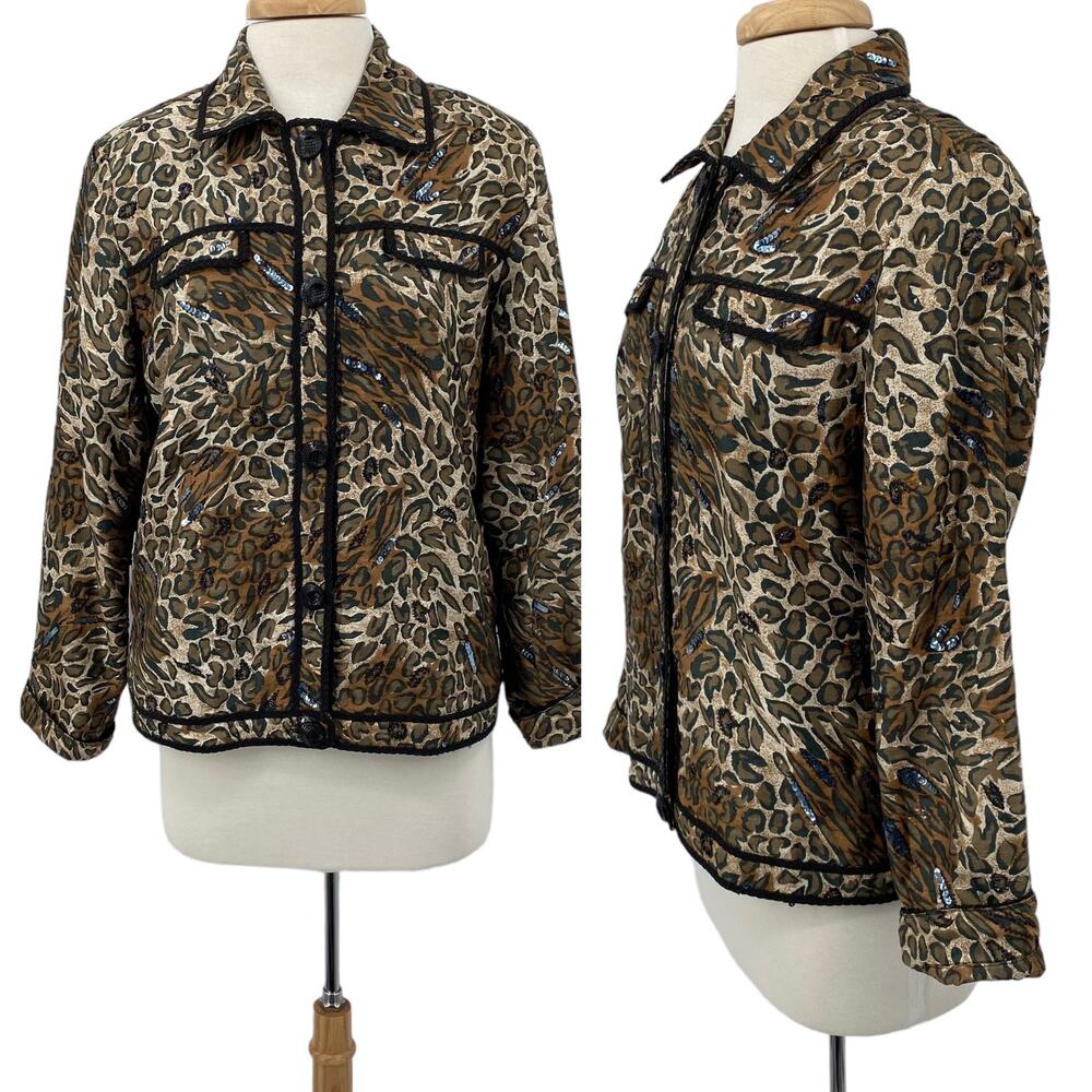 Vintage Silk Sequined Leopard Print Jacket Button Front Brown Black Womens M